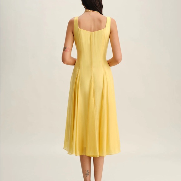 Yellow Square Neck Pleated Slip Midi Dress - Picture 4 of 7